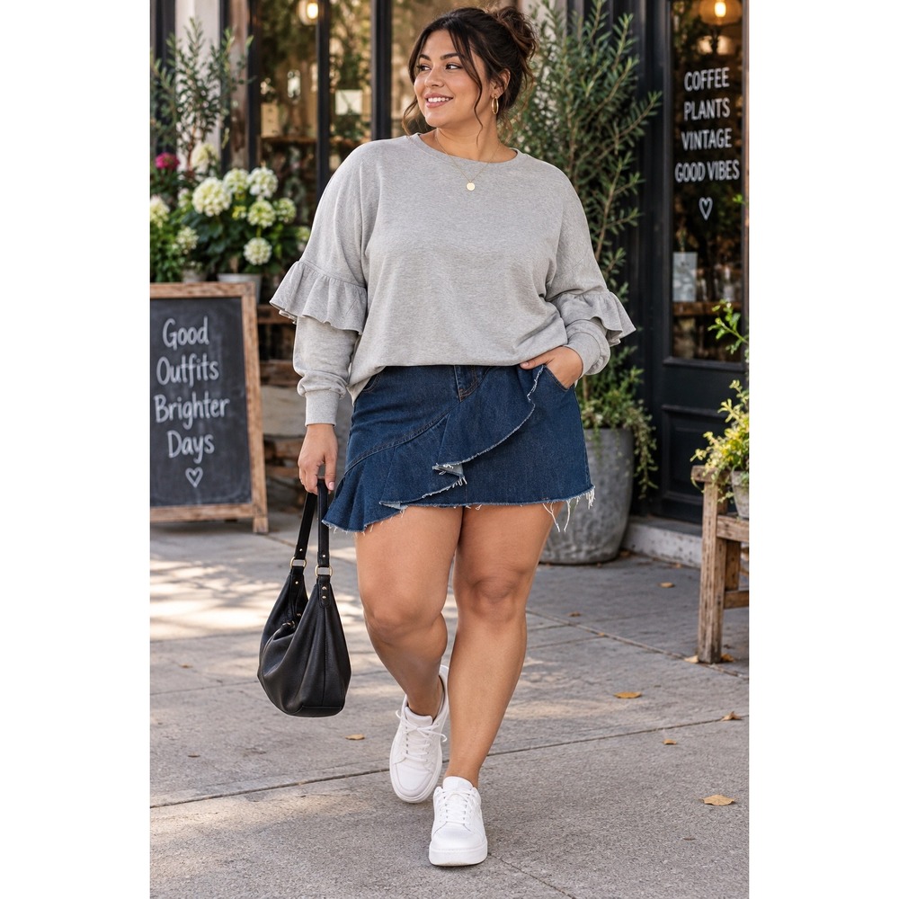 Aerie Womans XXL Sweater Ruffle Long Sleeve Oversized Gray Boxy